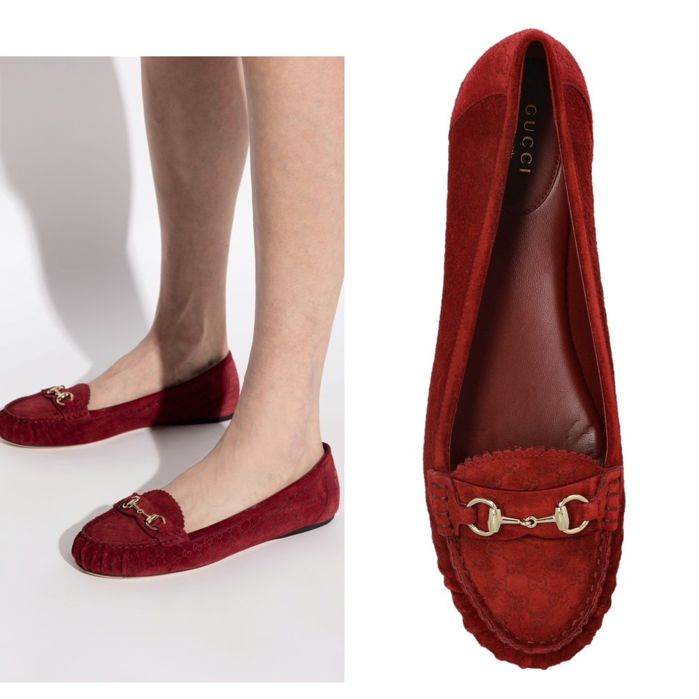 Gucci Horsebit Monogram Supreme GG Women's Flat Loafer Red Suede EU 37.5 US 7.5